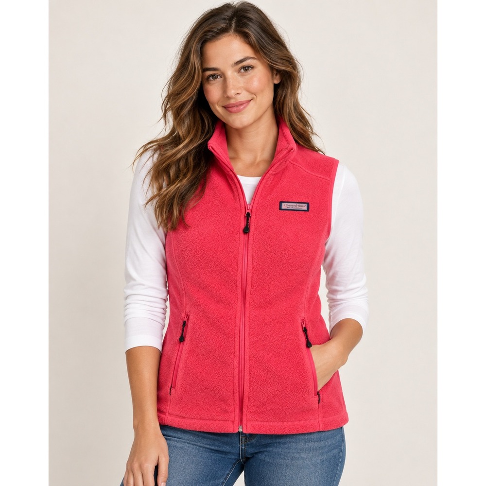 Vineyard Vines Womens Pink Fleece Full Zip Mock Neck Vest XXS Preppy Whale Logo